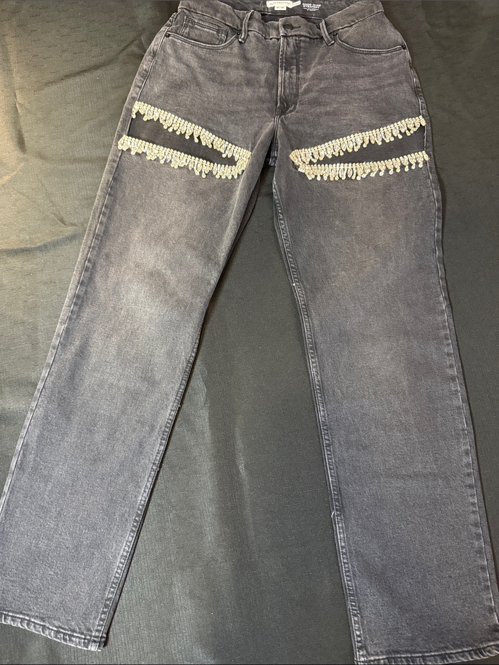 Good American Black Straight-Leg Jeans with Bead Fringe Size 10 Rhinestone